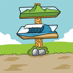 Directional sign with illustration pointing to the sea and mountains, flat illustration for summer