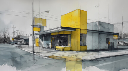 cultural critique layout | light as presence | emotional distance | grey and lemon | depth through shadow | still street corner | sharp window division | understated contrast | roadside culture |