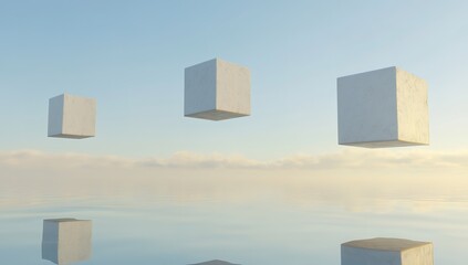 Floating White Cubes Against Pastel Sky