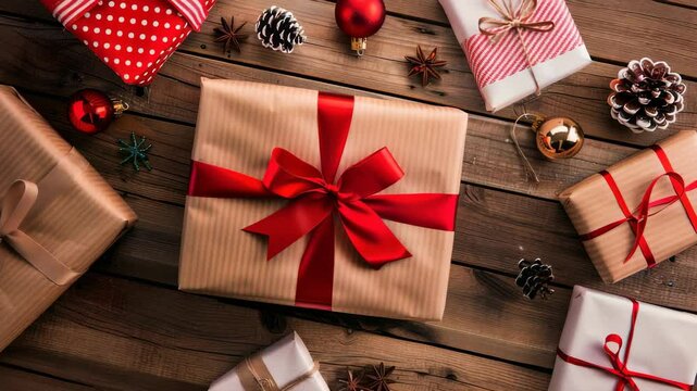 An overhead shot showcases hands holding a wrapped gift adorned with a red ribbon, surrounded by other presents and decorative items on a rustic wooden surface, evokes the Christmas spirit.