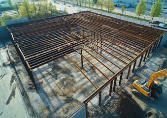 Aerial view of a building's steel framework under construction.  Excavator in foreground.  Empty lot,  square building frame, beams, and supports.  Urban setting