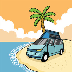 illustration of a van with a small tent parked on the beach, illustration in flat style for summer