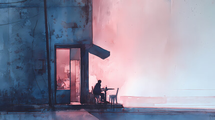 book cover for modern fiction | alienation in routine | urban melancholy | dusty rose and navy | rectilinear framing | lone diner | diagonal light beam | understated contrast | urban solitude scenes