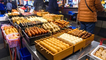 Fototapeta premium Delicious Asian Street Food Variety of Skewered Snacks at Night Market.