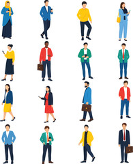 Diverse group of business people in various poses and attire flat design illustration