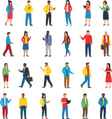 Diverse group of people using technology in various modern everyday activities