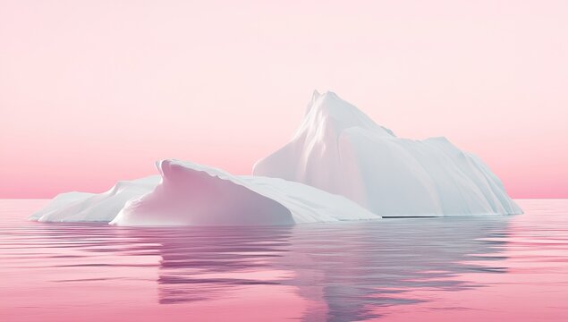 Icebergs in a pale pink sunrise.  Pastel icebergs float on a pink water surface against a pale pink sky.  A stylized, 3D rendering