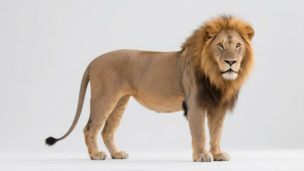 Obraz premium A majestic African lion standing on a plain white background