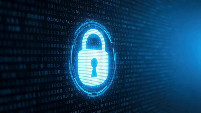 Digital security concept with illuminated padlock on binary code background