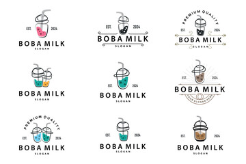 Boba Drink Logo, Milk Tea Cute Boba Pearl Jelly Drink Bubble Vector Simple Minimalist Design