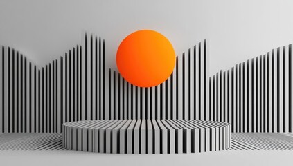 Obraz premium Abstract 3D scene with a round orange orb, and a circular platform, surrounded by vertical lines
