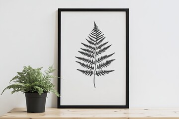 Framed fern print, simple design, on light wood surface