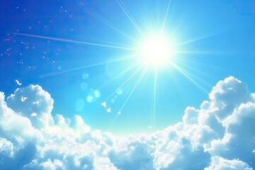 Radiant sun shining through fluffy clouds