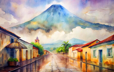watercolor painting of rainy colonial streets 