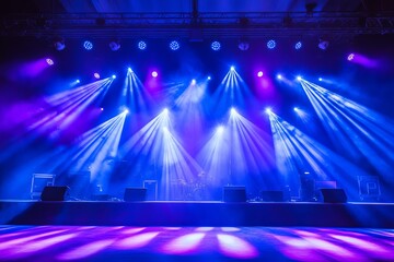 Concert stage with vibrant purple and blue spotlights shining through fog in an empty venue