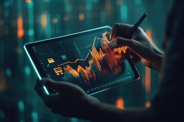 Hands analyzing stock market data on a tablet