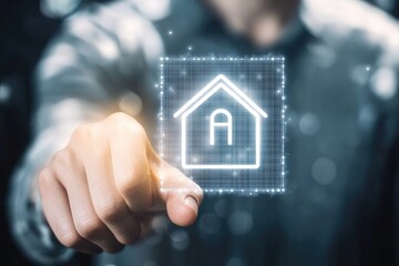 A hand points to a digital house icon