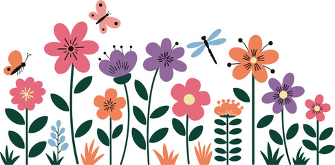 Background and banner decorated with pastel colors blooming flowers and leaves. Spring, Easter, Summer theme with dragonfly, butterfly and bee. Flat folk geometric style