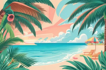 Obraz premium Summer Vacation Beach Illustration — Flat Vector with Palm Trees, Coconut Drink, and Sunset