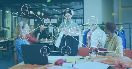 Fashion director presenting skirt while displaying then dissolving network nodes for collaboration - Powered by Adobe