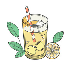 A refreshing glass of lemonade, ice cubes, striped straw, lemon slices. Green leaves surround the glass, summer vibe. Tropic summer cocktail. Hand drawn vector illustration isolated on white