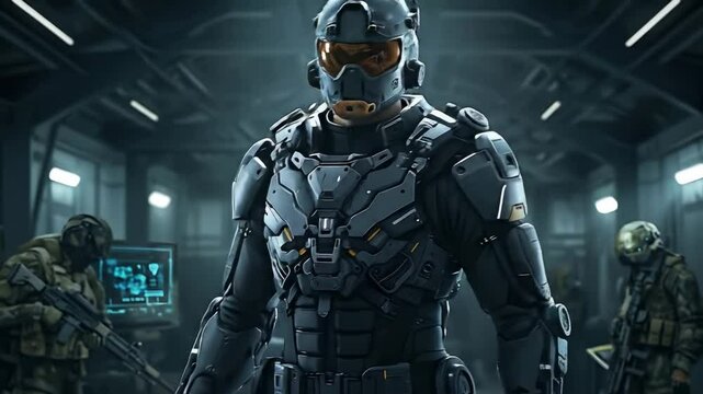Futuristic soldier in advanced armor preparing for battle in hangar bay