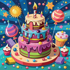 A colorful birthday cake with three layers, topped with a candle. Surrounding decorations include balloons, candies, cupcakes. Bright and festive atmosphere, celebration-themed designs, café signage