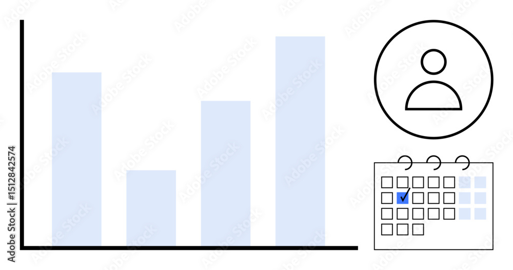Poster bar graph showing data growth, calendar with highlighted date, and user profile. ideal for productiv