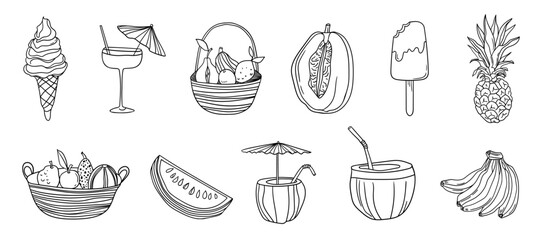 A set of black hand-drawn line icons on the theme of vacation and sea rest, bundle of vector symbols of beach food and drinks, fruits and cocktails,, isolated on a white background