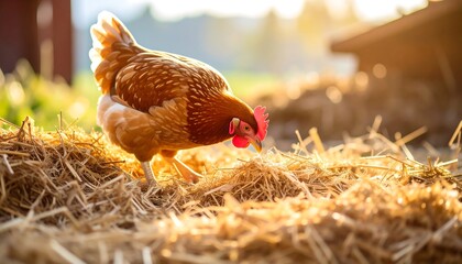 Hen foraging in hay