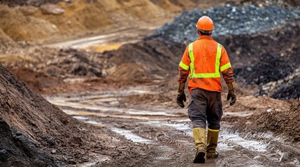 Safety-Clad Worker Inspecting Gold Site for Hazardous Conditions