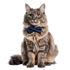 Maine Coon cat wearing a navy blue bow tie, sitting and looking directly at the camera. The cat has long, fluffy grey fur, isolated on transparent background