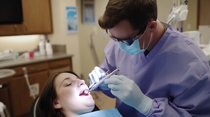 Male dentist performing routine dental cleaning on a patient