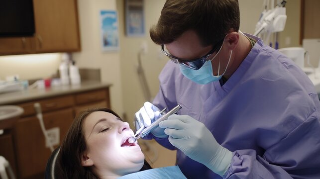 Male dentist performing routine dental cleaning on a patient