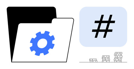 Folder with gear icon for settings, metadata tag symbol for social trends, and coin stacks for value. Ideal for organization, system management, finance, analytics, technology, social media simple