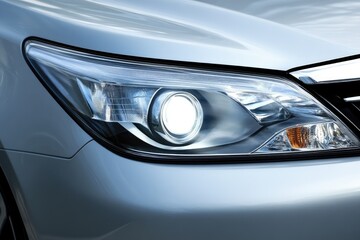 Close-up of a car's headlamps, showcasing a modern, sleek design.  The headlights are clear and bright, with a smooth, silver-toned car body.  The image emphasizes the details of the front end