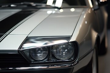 Close-up of a vintage car's hood and headlights.  A white car with black stripes is featured, showcasing the smooth, polished surface and chrome details around the headlights