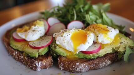 Delicious Avocado Toast with Poached Eggs and Radishes
