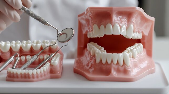 Medicine Accessory Close up of dental instrument set showcasing variety of tool used modern dentistry Explore variation Dental tool arranged artistically white background Dentist holding dental