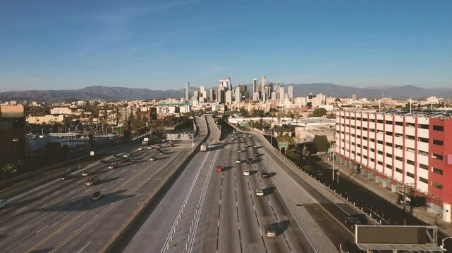 4K drone Video of downtown Los Angeles during sunset as a stablishing shot 4K