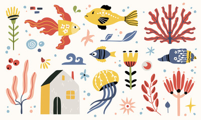 Folk hygge ocean clip arts, hand drawn vector set in Scandinavian Nordic style, isolated on white. Collection of classic ethnic elements. The scandi folk motifs - fishes, flowers, and sea animals set