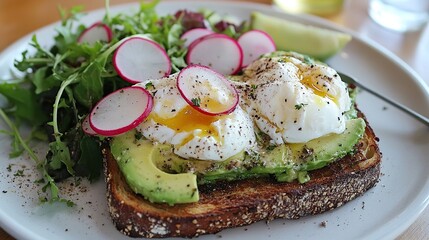 Delicious Avocado Toast with Poached Eggs and Radishes