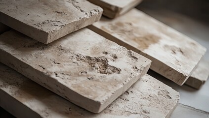 Stacked beige rectangular slabs with rough texture
