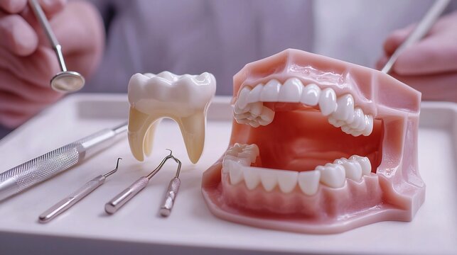 Medicine Accessory Close up of dental instrument set showcasing variety of tool used modern dentistry Explore variation Dental tool arranged artistically white background Dentist holding dental