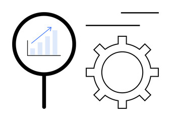 Magnifying glass examining upward growth chart next to a gear. Ideal for business analysis, optimization, strategy, productivity, planning, efficiency, innovation. Minimal flat simple metaphor