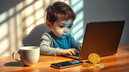 Adorable Child Analyzing Cryptocurrency Data Photorealistic Image