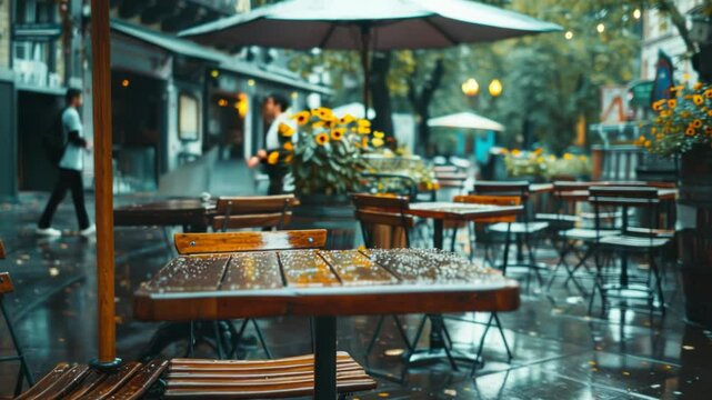 Rainy day restaurant scene featuring wooden tables and chairs outdoors