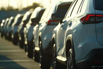 Automotive fleet gleaming under the sun, showcasing row of modern vehicles