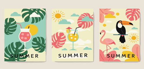 Colorful summer backgrounds with tropical leaves and birds. Bright modern illustration with color gradient.