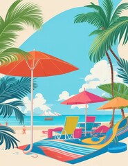 Summer Vacation Beach Illustration — Flat Vector with Palm Trees, Coconut Drink, and Sunset